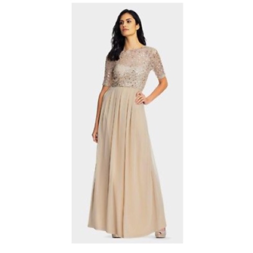 ADRIANNA PAPELL SEQUIN LACE BODICE & CHIFFON GOWN - Picture 1 of 8